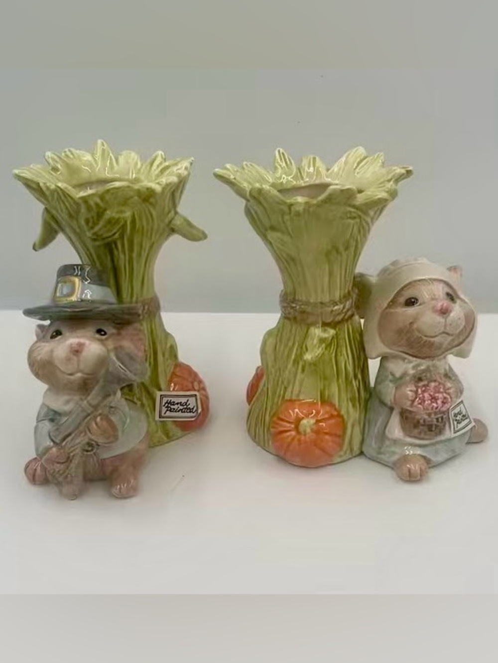 Vintage Fitz & Floyd Mayflower Mouse Thanksgiving Candle Holders Set of 2, 1991